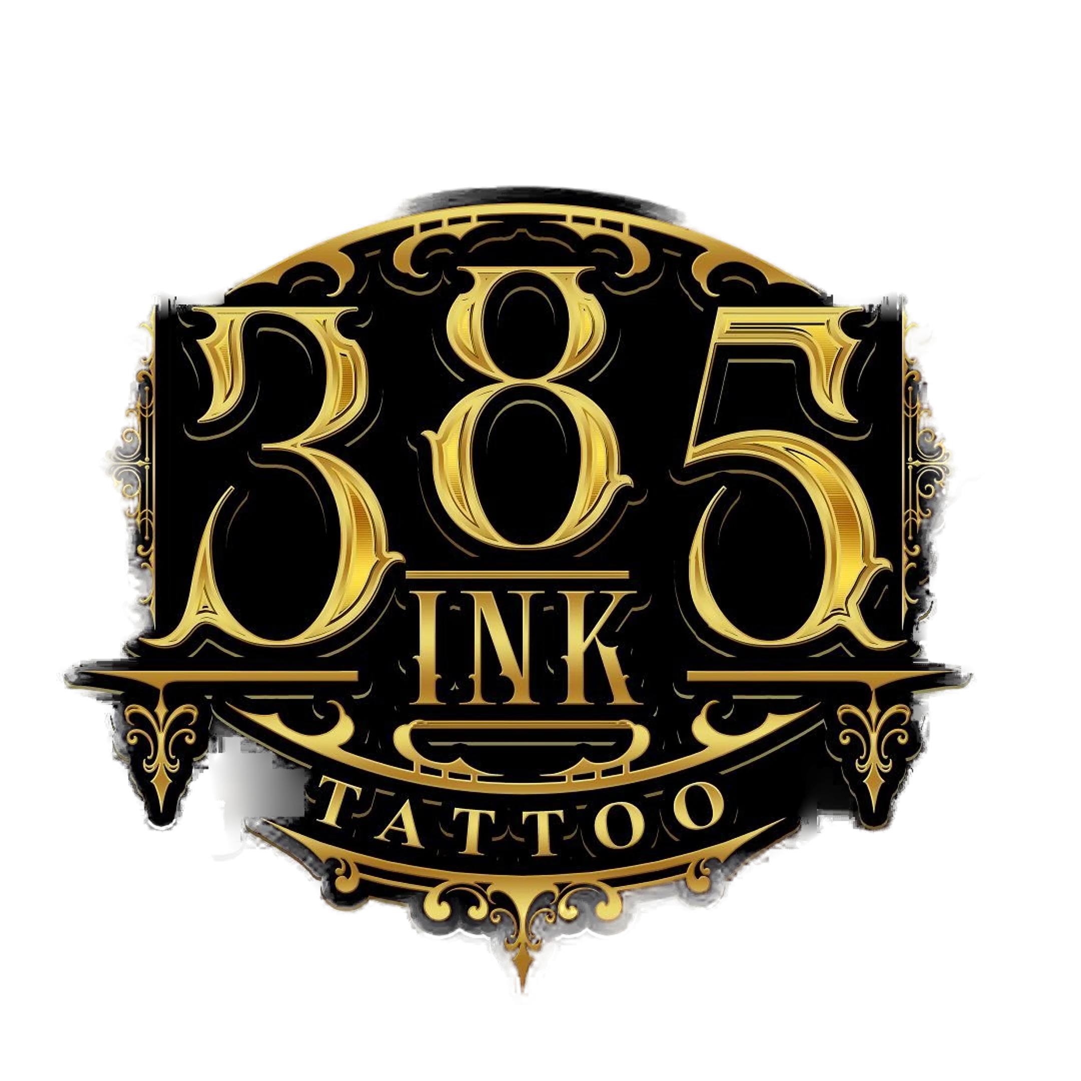 385 INK TATTOO – vergoldetes Wappen-Logo mit Krone und Old-English-Verzierungen