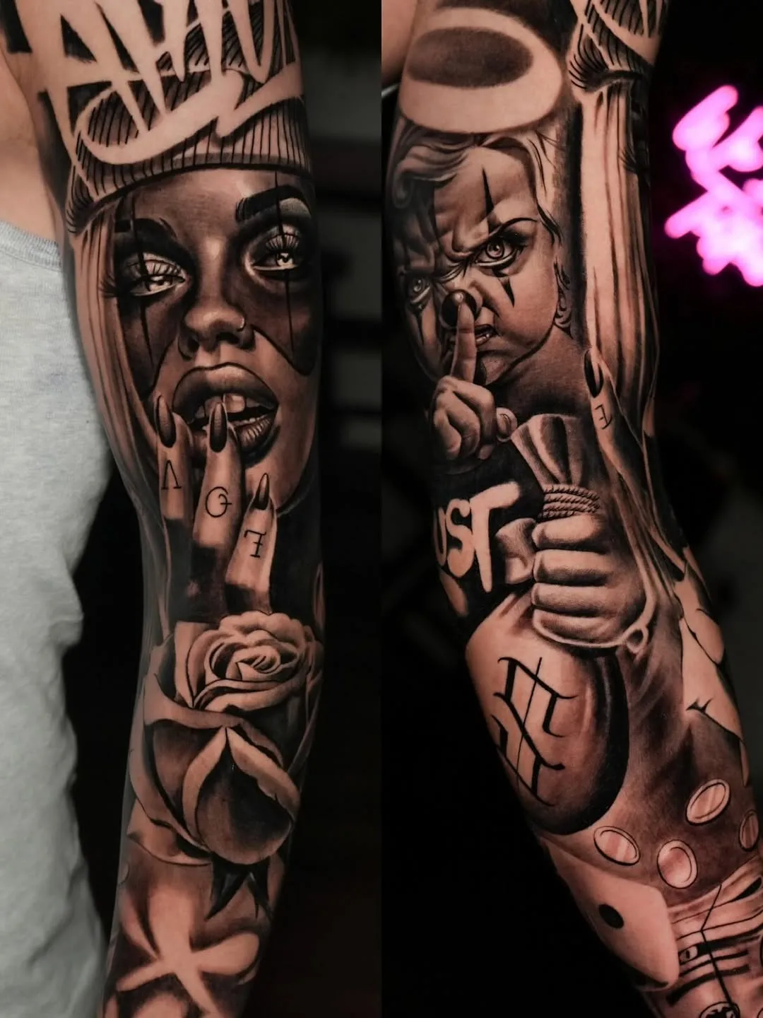 Chicano-Sleeve von 385 Ink: Frauen-Gesicht mit Chicano-Tränen, AMOR-Schrift, Rose, Clown-Charakter mit JUST-Schriftzug.